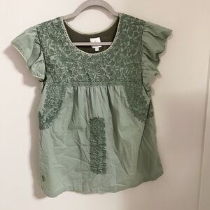 J Marie Green Embroidered Flutter Sleeve Top Small